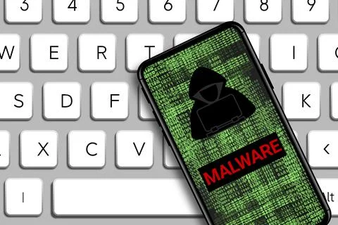 Malware word and Hacker icon in mobile phone with digital code numbers. Stock Illustration