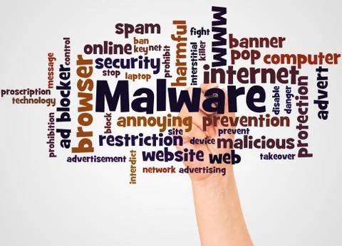 Malware word cloud and hand with marker concept Stock Photos