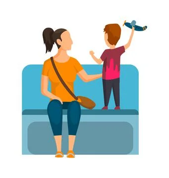 Mam wtih son in subway underground train car. Public transport, urban Stock Illustration