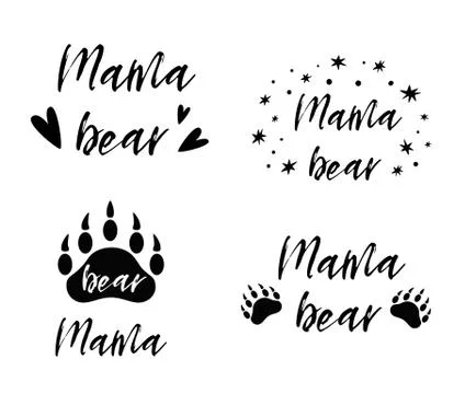 Mama bear text collection. Black paw symbol. Simple mama bear set. cute mothe Stock Illustration