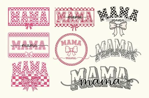 Mama checkered bow typography bundle pink and black Stock Illustration