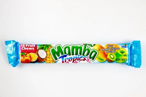 Mamba individually wrapped chewy candy with tropics flavors. Stock Photos