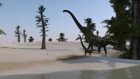 Mamenchisaurus and her offspring walking a prehistoric environment. Stock Illustration