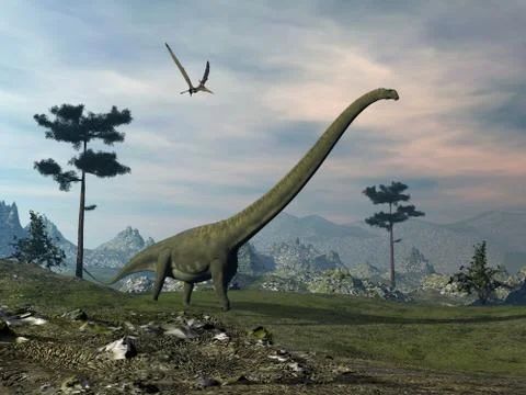 Mamenchisaurus dinosaur walk - 3D render Stock Illustration