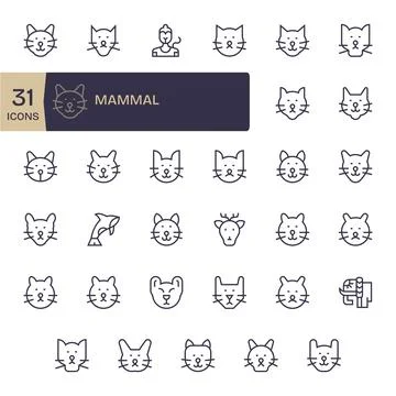 Mammal Vector Icon Repository containing 35 Regular Line 64x64 Pixel Aligne.. Stock Illustration