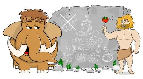 Mammoth explains paleo diet using a food pyramid drawn on stone Illustrazione stock