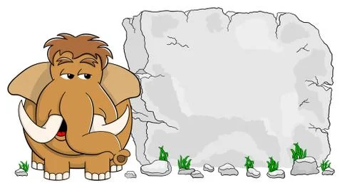 Mammoth in front of stone tablet with copy space Illustrazione stock