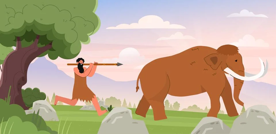 Mammoth hunt vector scene Stock Illustration