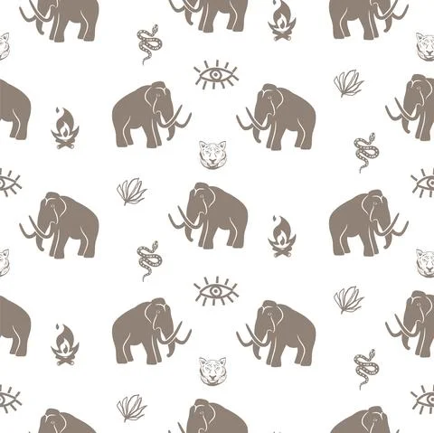 Mammoth seamless pattern with tiger and snake stone age theme background イラスト素材