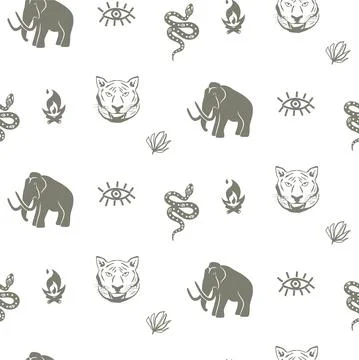 Mammoth seamless pattern with tiger and snake stone age theme background Stock Illustration