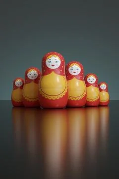 Mamushkas lined up side by side. 3d illustration. 스톡 사진