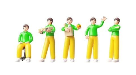 Man 3D cartoon vector characters set, male holding paper shopping bag, parcel 스톡 일러스트