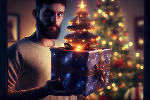 Man 3D Model holding gift There is a Christmas tree decorated in the backgr.. Stock Illustration