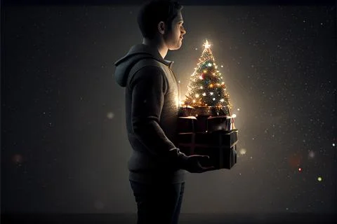 Man 3D Model holding gift There is a Christmas tree decorated in the backgr.. Stock Illustration
