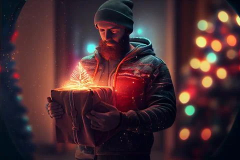 Man 3D Model holding gift There is a Christmas tree decorated in the backgr.. Stock Illustration