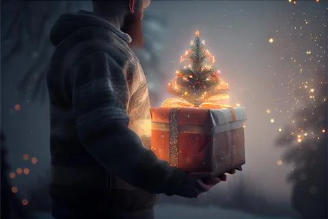 Man 3D Model holding gift There is a Christmas tree decorated in the backgr.. Stock Illustration