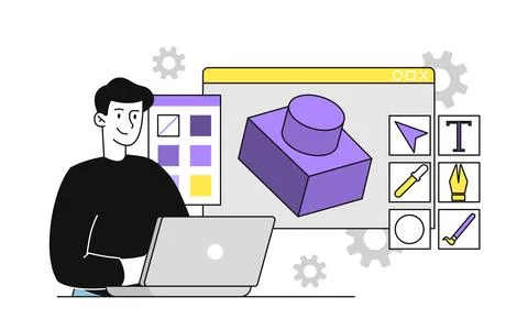 Man with 3d modeling. Guy with laptop render figures. Graphic designer and Stock Illustration