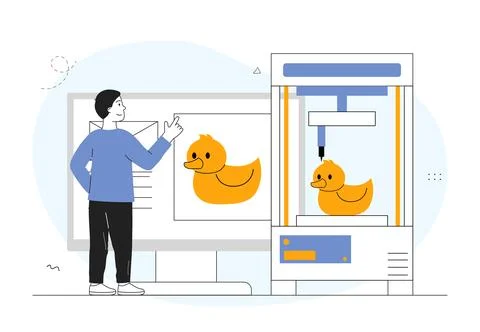 Man with 3D printer. Young guy near printing equipment designs rubber ducky Stock Illustration