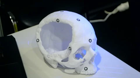 Man 3d scanner 3d scanning plastic prototype human skull printed on 3d printer Stock Footage 238934212