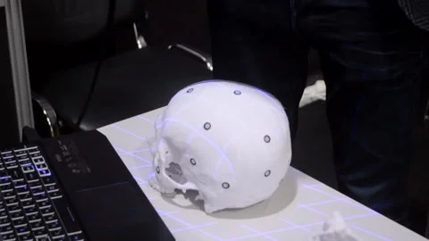Man 3d scanner 3d scanning plastic prototype human skull printed on 3d printer Stock Footage 238934430