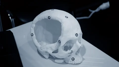 Man with 3d scanner 3d scanning prototype human skull printed on 3d printer Stock Footage 328909599