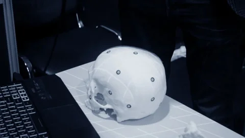 Man with 3d scanner 3d scanning prototype human skull printed on 3d printer Stock Footage 328909619