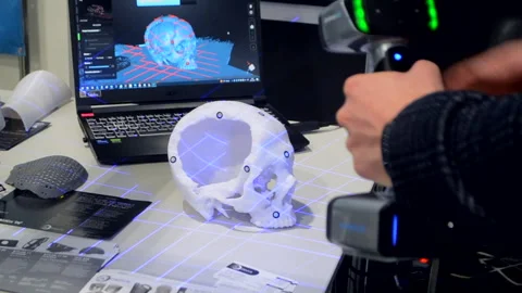 Man 3d scanner 3d scanning plastic prototype human skull printed on 3d printer Stock Footage 328909730