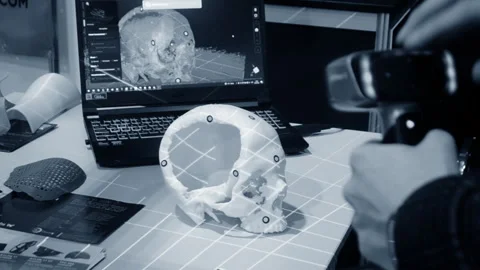 Man 3d scanner 3d scanning plastic prototype human skull printed on 3d printer Video stock 331182436