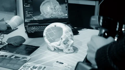 Man 3d scanner 3d scanning plastic prototype human skull printed on 3d printer Video stock 331182452