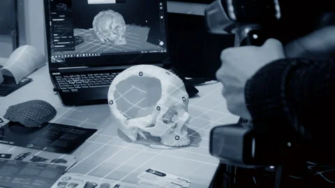 Man 3d scanner 3d scanning plastic prototype human skull printed on 3d printer Stock Footage 331182457