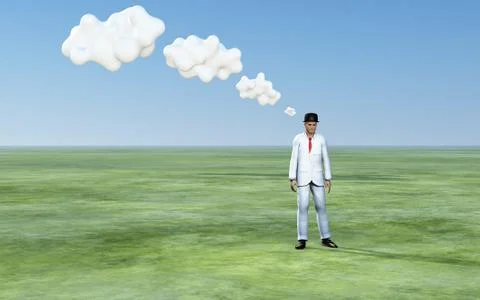Man with 3d white thought clouds Stock Illustration