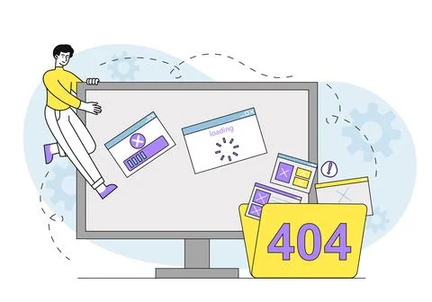 Man with 404 error. Young guy near computer monitor and folder with files. Oops Stock Illustration