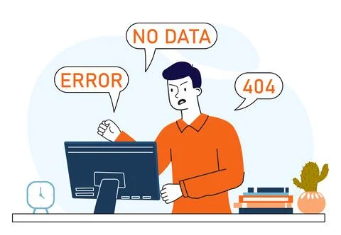 Man with 404 errors. Young guy near computer monitor with failures. No data at Stock Illustration