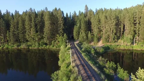 Man on Abandoned Train Tracks Forest Lake Trestle Washington Stock Footage 101625664
