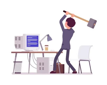 Man about to crash computer with Blue Screen of Death Stock Illustration