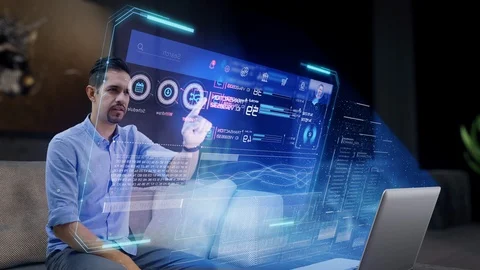 Man accesses an online banking platform on a futuristic holographic display. Stock Footage 105738084