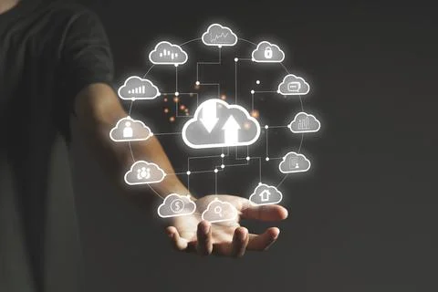 Man accessing the Cloud Computing Technology Internet Storage database big .. Fotos Stock
