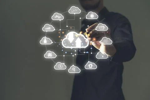Man accessing the Cloud Computing Technology Internet Storage database big .. Fotos Stock