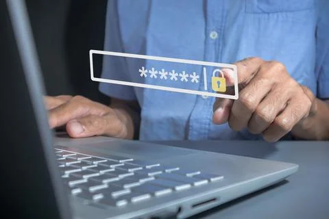Man accessing a laptop computer with pin code. Encrypted data. Business Tec.. Stock-Fotos