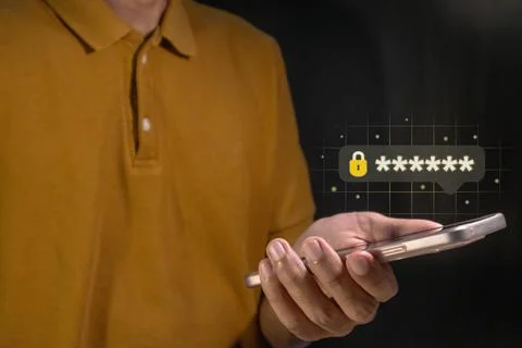 Man accessing smartphone or application with pin code. Encrypted data. Busi.. Foto stock