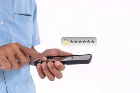 Man accessing smartphone with pin code. Encrypted data. Business Technology.. Foto stock