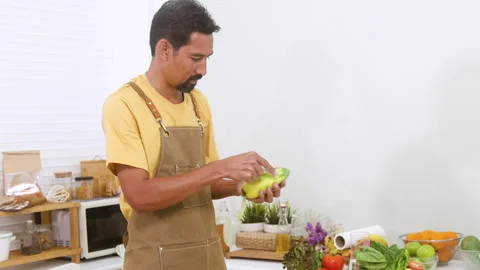 Man in accident from kitchen knife cut finger, chef or Asian single man wit.. Stock Footage 254709096