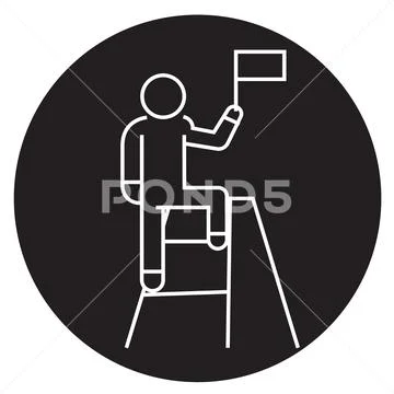 Man with achievement flag black vector concept icon. Man with achievement fla Stock Illustration