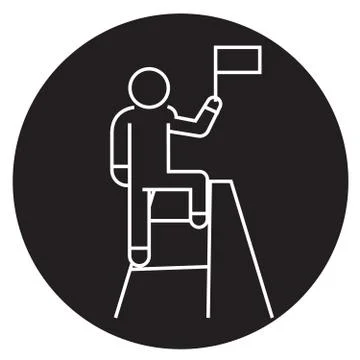 Man with achievement flag  black vector concept icon. Man with achievement fla Stock Illustration