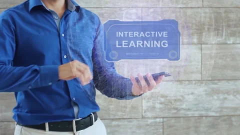Man activates HUD text Interactive Learning Stock Footage 154502050