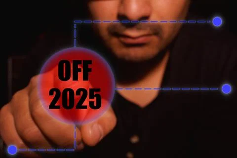 Man activates shutdown button year 2025 Stock Photos
