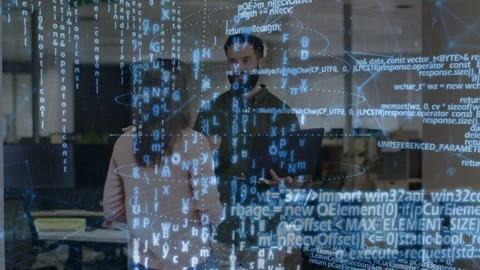 Man activating holographic code overlay by gesturing at tablet, woman listening Stock Footage 334312741