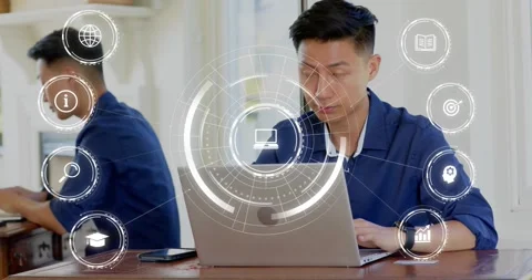Man activating technology icons by rubbing eyes then straightening and typing Stock Footage 317734009