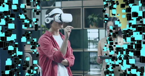 Man activating VR headset for tech demo and guiding cube graphics while Stock Footage 315509383