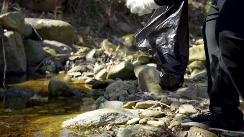 Man activist clean up plastic waste in a river Stock Footage 236903368
